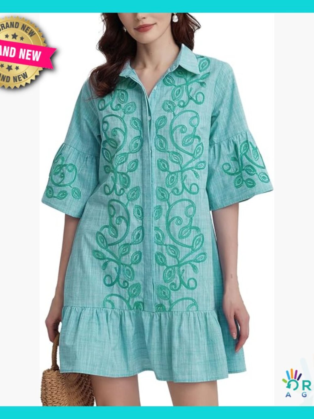 Embroidered Floral Mini Dress Ruffle Sleeve Button Down Shift With Pockets